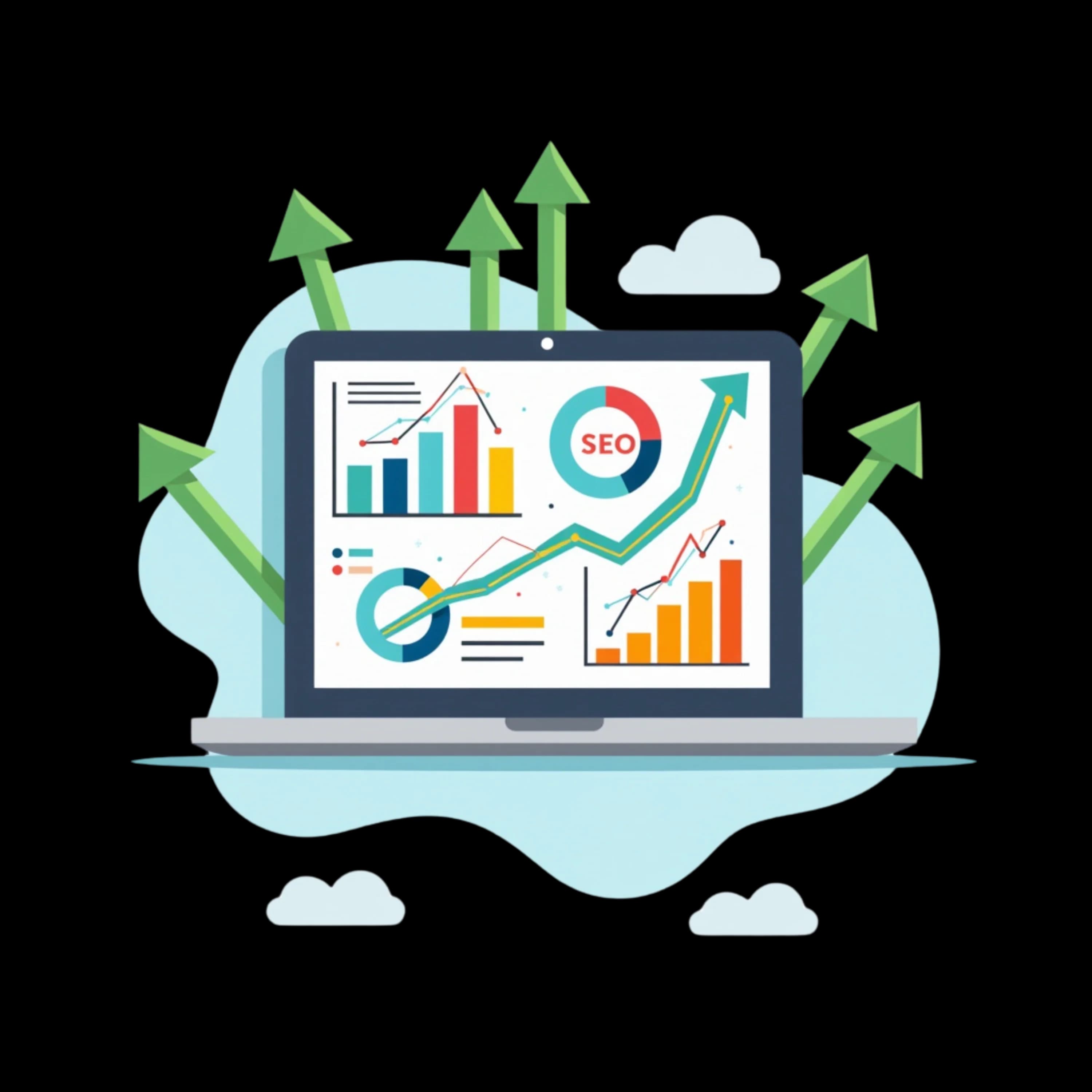 SEO services and analytics dashboard showing keyword growth
